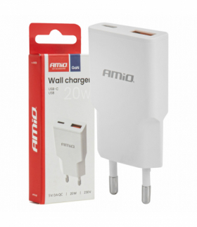 Ładowarka sieciowa 230V 20W GaN USB-C USB-A AMiO 04838