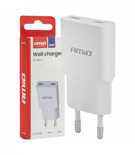 Ładowarka sieciowa 230V 30W GaN 2xUSB-C AMiO 04839