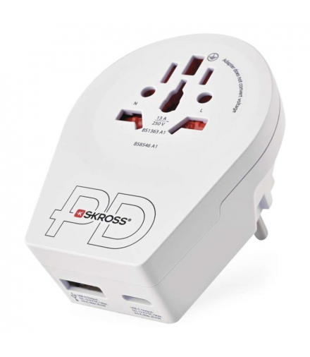 Adapter podróżny do Europy Centralnej, biały, 1×USB-C, 1×USB-A SKROSS P0055U