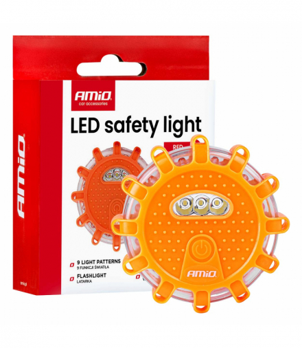 Samochodowa lampa awaryjna akumulatorowa z funkcją latarki LED 12SMD+3SMD 650mAh (BATT) światło czerwone AMiO 04673