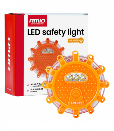 Lampa ostrzegawcza awaryjna z funkcją latarki 3xAAA IP65 12SMD + 3SMD światło pomarańczowe AMiO 04828