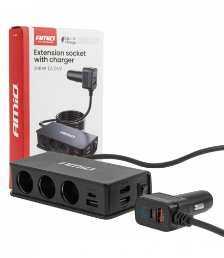 Rozdzielacz gniazda zapalniczki z ładowarką 3xUSB-A USB-C QC 3.0 PD 3.0. 148W AMiO 04836