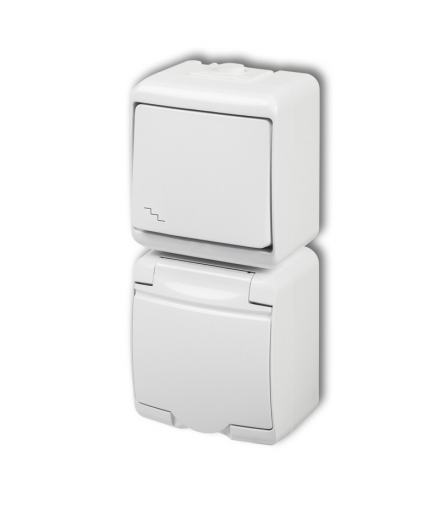 JUNIOR Łącznik schodowy z gniazdem pojedynczym z uziemieniem SCHUKO 2P+Z (klapka biała, bez przesłon) Karlik WGHP-3s