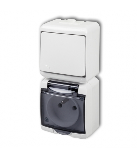 JUNIOR Łącznik schodowy z gniazdem pojedynczym z uziemieniem 2P+Z (klapka dymna, przesłony torów prądowych) Karlik WGHP-3dp