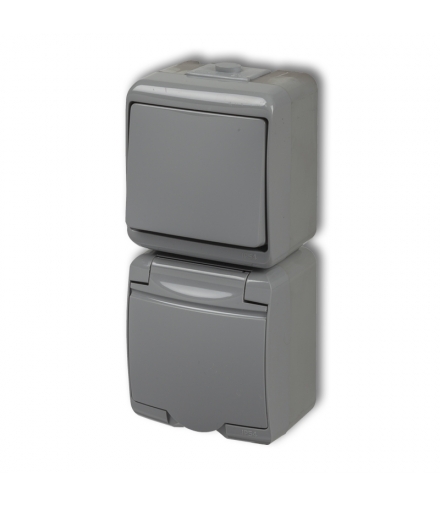 JUNIOR Łącznik jednobiegunowy z gniazdem pojedynczym z uziemieniem 2P+Z (klapka popielata, przesłony prądowe) Karlik 10WGHP-1p