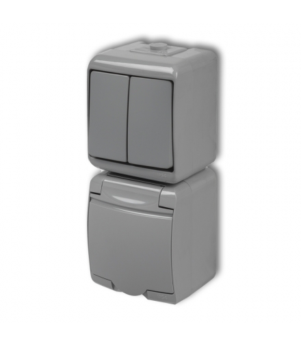 JUNIOR Łącznik świecznikowy z gniazdem pojedynczym z uziemieniem 2P+Z (klapka popielata, przesłony prądowe) Karlik 10WGHP-2p