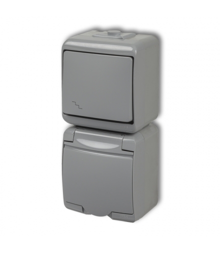 JUNIOR Łącznik schodowy z gniazdem pojedynczym z uziemieniem 2P+Z (klapka popielata, bez przesłon) Karlik 10WGHP-3