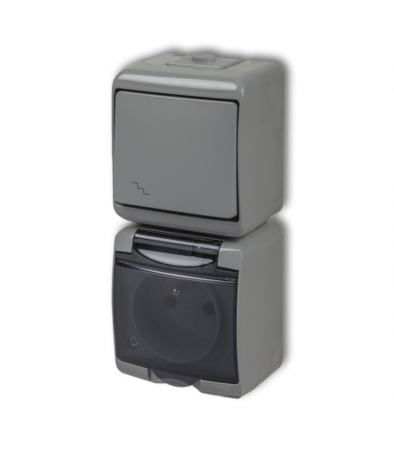 JUNIOR Łącznik schodowy z gniazdem pojedynczym z uziemieniem 2P+Z (klapka dymna, bez przesłon) Karlik 10WGHP-3d