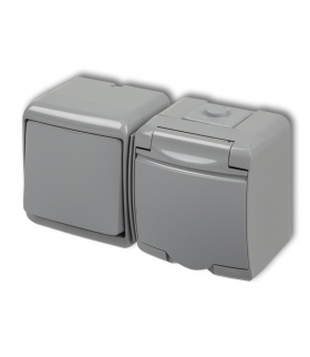 JUNIOR Łącznik jednobiegunowy z gniazdem pojedynczym z uziemieniem 2P+Z (klapka popielata, przesłony prądowe) Karlik 10WGHH-1p