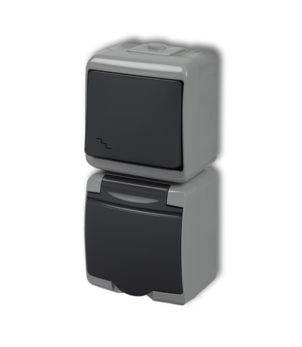 JUNIOR Łącznik schodowy z gniazdem pojedynczym z uziemieniem 2P+Z (klapka grafitowa, przesłony prądowe) Karlik 30WGHP-3p