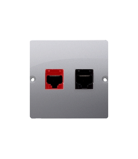 Gniazdo komputerowe RJ45 kat.5e + telefoniczne RJ12 (moduł). Montaż gniazda na wkręty do puszki, srebrny mat BM5T.02/43