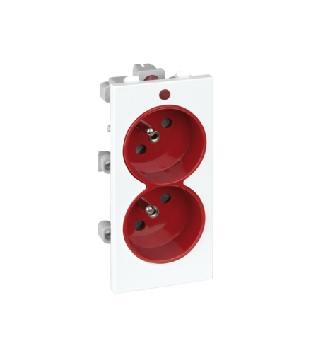 Gniazdo podwójne CIMA z bolcem uziemiającym z sygnalizacją napięcia 16A 250V zaciski śrubowe 108×52mm czerwony czysta biel S2/6/
