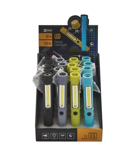 Latarka LED COB + 1 LED, 230 lm 3× AAA, 16 szt., display box EMOS P3897