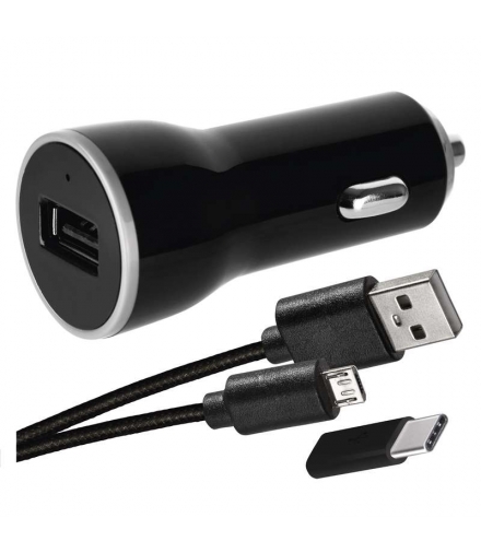 Zasilacz samochodowy USB BASIC 2,1A + kabel microUSB + USB-C EMOS V0219