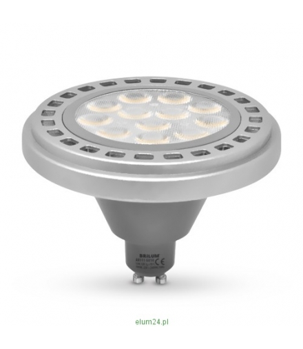 Żarówka AR111 GU10, 12W, barwa światła ciepła biała, obudowa w kolorze srebrnym, klosz ryflowany, kąt rozsyłu światła 30°