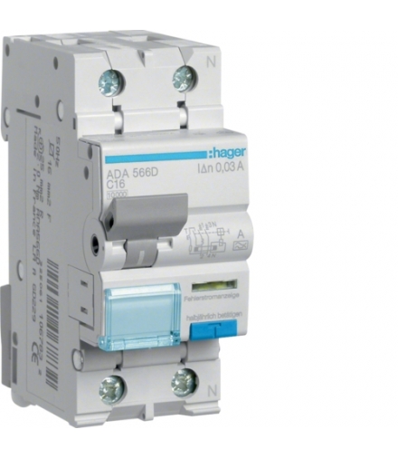 ADA566D RCBO Wyłącznik różnicowoprądowy z członem nadprądowym 1P+N 10kA C 16A/30mA Typ A Hager