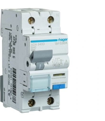 ADA940D RCBO Wyłącznik różnicowoprądowy z członem nadprądowym 1P+N 6kA B 40A/30mA Typ A Hager