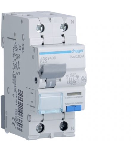 ADC940D RCBO Wyłącznik różnicowoprądowy z członem nadprądowym 1P+N 6kA B 40A/30mA Typ AC Hager