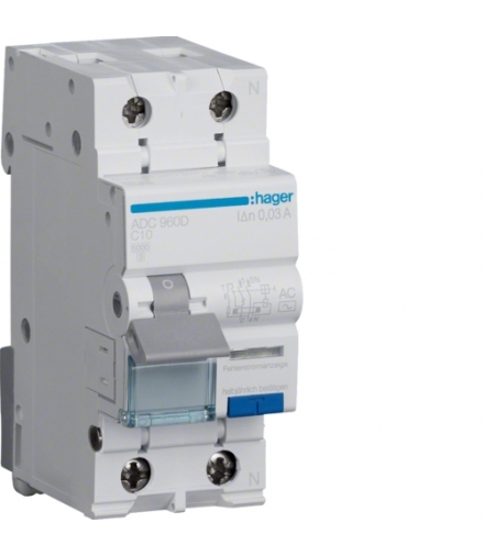 ADC960D RCBO Wyłącznik różnicowoprądowy z członem nadprądowym 1P+N 6kA C 10A/30mA Typ AC Hager