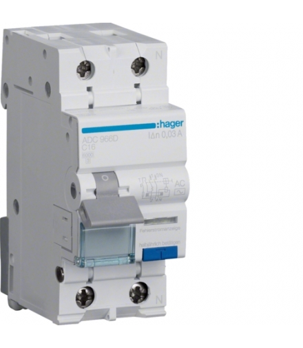 ADC966D RCBO Wyłącznik różnicowoprądowy z członem nadprądowym 1P+N 6kA C 16A/30mA Typ AC Hager