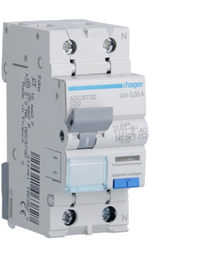 ADC970D RCBO Wyłącznik różnicowoprądowy z członem nadprądowym 1P+N 6kA C 20A/30mA Typ AC Hager