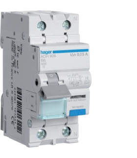 ADH906 RCBO Wyłącznik różnicowoprądowy z członem nadprądowym 1P+N 6kA B 6A/30mA Typ A-HI Hager