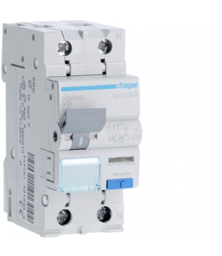 ADH913 RCBO Wyłącznik różnicowoprądowy z członem nadprądowym 1P+N 6kA B 13A/30mA Typ A-HI Hager