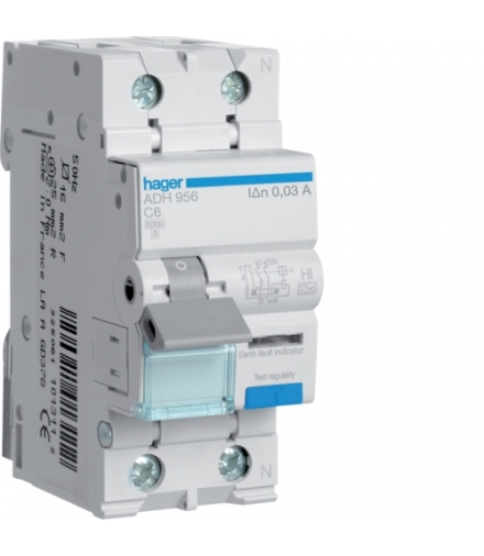 ADH956 RCBO Wyłącznik różnicowoprądowy z członem nadprądowym 1P+N 6kA C 6A/30mA Typ A-HI Hager
