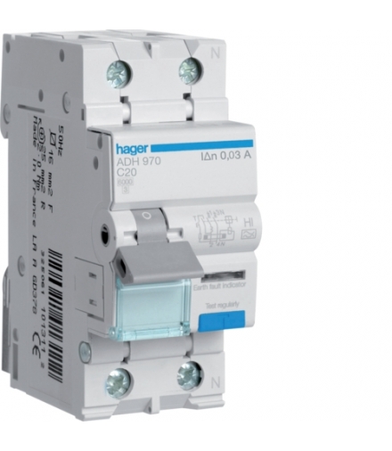 ADH970 RCBO Wyłącznik różnicowoprądowy z członem nadprądowym 1P+N 6kA C 20A/30mA Typ A-HI Hager