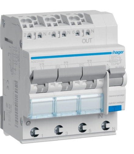 ADZ310D RCBO Wyłącznik różnicowoprądowy z członem nadprądowym 3x1P+N 6kA B 10A/30mA Typ A QC/QBB Hager