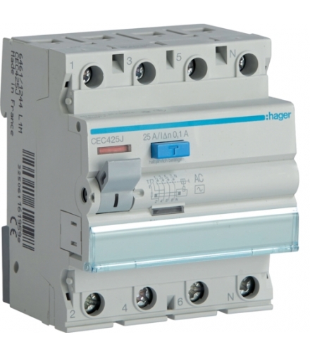 CEC425J RCCB Wyłącznik różnicowoprądowy 3P+N 25A 100mA 6kA AC Hager