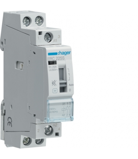 ERC225S Stycznik cichy z możliwością sterowania ręcznego 230VAC 2NO 25A AC-7a/b Hager