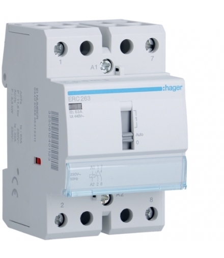 ERC263 Stycznik z możliwością sterowania ręcznego 230VAC 2NO 63A AC-7a/b Hager