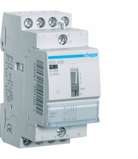 ERC428 Stycznik z możliwością sterowania ręcznego 230VAC 3NO+1NC 25A AC-7a/b Hager