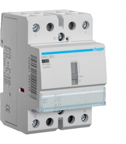 ERD263 Stycznik z możliwością sterowania ręcznego 24VAC 2NO 63A AC-7a/b Hager