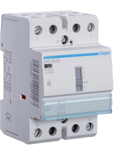 ERD263S Stycznik cichy z możliwością sterowania ręcznego 24VAC/DC 2NO 63A AC-7a/b Hager