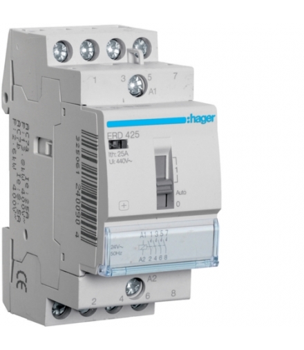 ERD425 Stycznik z możliwością sterowania ręcznego 24VAC 4NO 25A AC-7a/b Hager