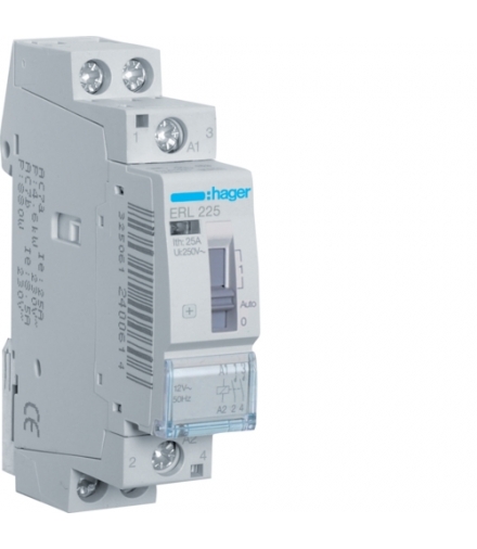 ERL225 Stycznik z możliwością sterowania ręcznego 12VAC 2NO 25A AC-7a/b Hager