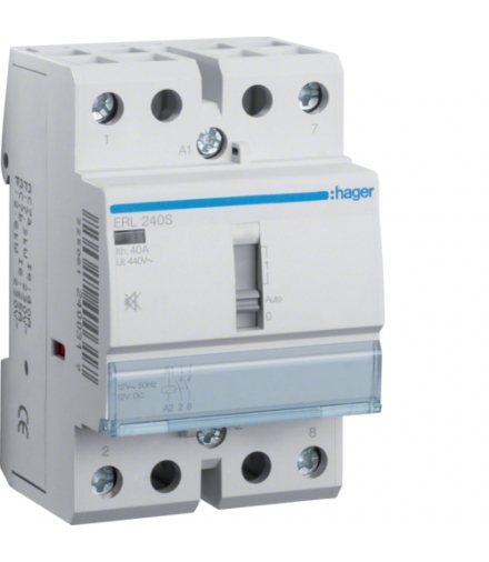 ERL240S Stycznik cichy z możliwością sterowania ręcznego 12VAC/DC 2NO 40A AC-7a/b Hager