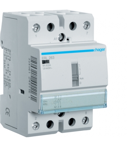 ERL263 Stycznik z możliwością sterowania ręcznego 12VAC 2NO 63A AC-7a/b Hager
