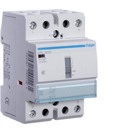 ERL263S Stycznik cichy z możliwością sterowania ręcznego 12VAC/DC 2NO 63A AC-7a/b Hager