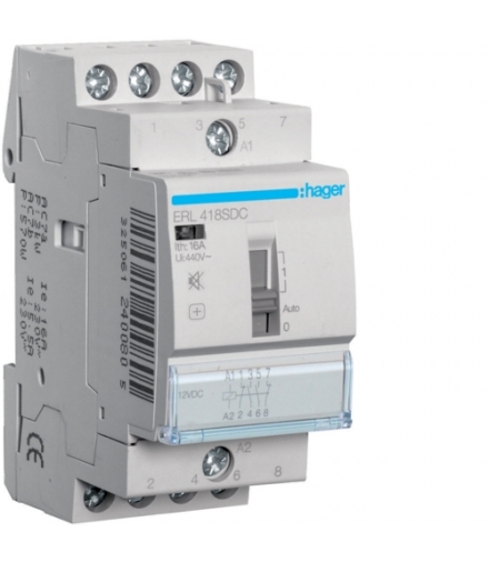 ERL418SDC Przekaźnik instalacyjny cichy z możliwością sterowania ręcz. 12V DC 2NO+2NC 16A Hager