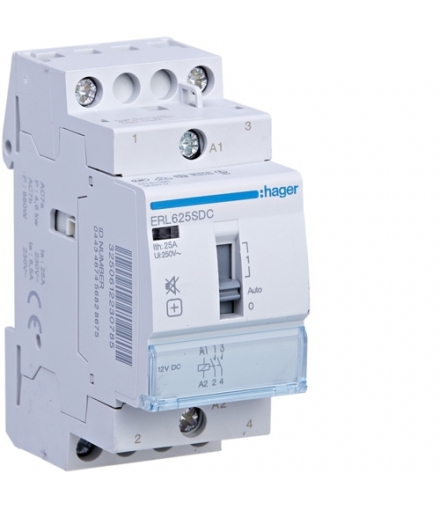 ERL625SDC Stycznik cichy z możliwością sterowania ręcznego 12V DC 2NO 25A AC-7a/b Hager