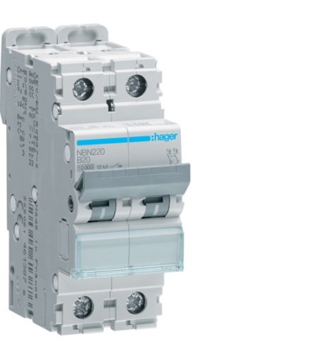 NBN220 MCB Wyłącznik nadprądowy Icn 10000A / Icu 15kA 2P B 20A Hager