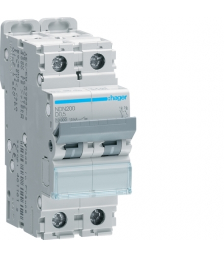NDN200 MCB Wyłącznik nadprądowy Icn 10000A / Icu 15kA 2P D 0,5A Hager