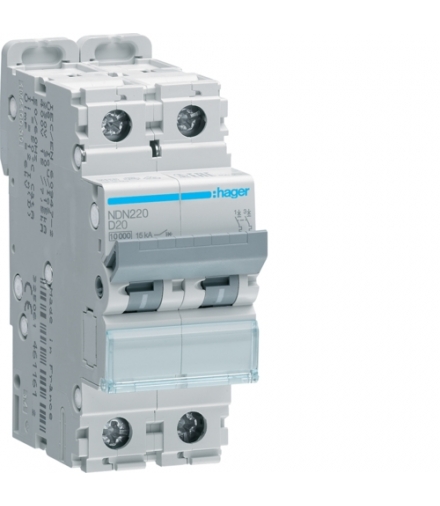 NDN220 MCB Wyłącznik nadprądowy Icn 10000A / Icu 15kA 2P D 20A Hager