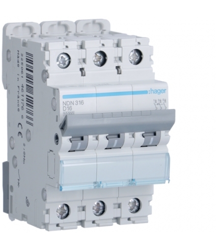 NDN316 MCB Wyłącznik nadprądowy Icn 10000A / Icu 15kA 3P D 16A Hager