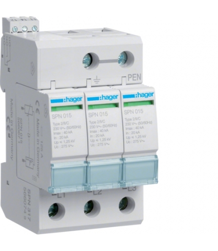 SPN317 SPD Ogranicznik przepięć T2 3P sieć TN-C In 20kA Up≤1,25kV styk FM Hager