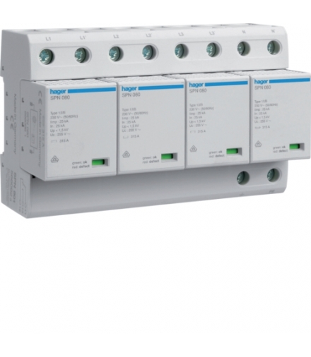 SPN801R SPD Ogranicznik przepięć T1 kombinowany 4P TN-S Iimp 100kA Up≤1,5kV styk FM Hager