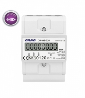 3-fazowy licznik energii elektrycznej, 80A, MID, 3 moduły, DIN TH-35mm Orno OR-WE-520